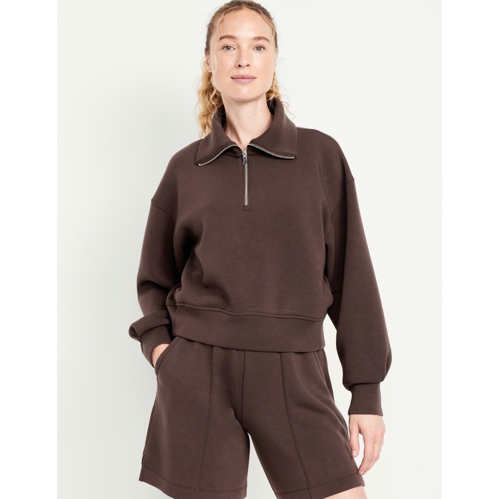 Old Navy Bounce Fleece Half-Zip Pullover Sweatshirt Brown L Drop Shoulder Pocket